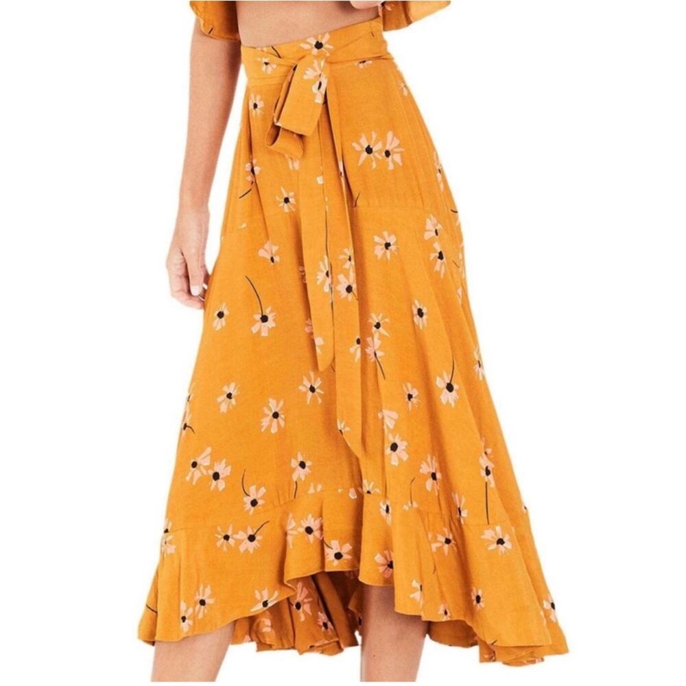 Anthropologie Faithfull belted botany High-Low Skirt in Floral Mustard Orange - Picture 4 of 10